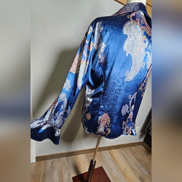 Spense Paisley Satin Blouse - Blue pink Ruffle Statement Sleeve Button Up Large - Picture 3 of 16